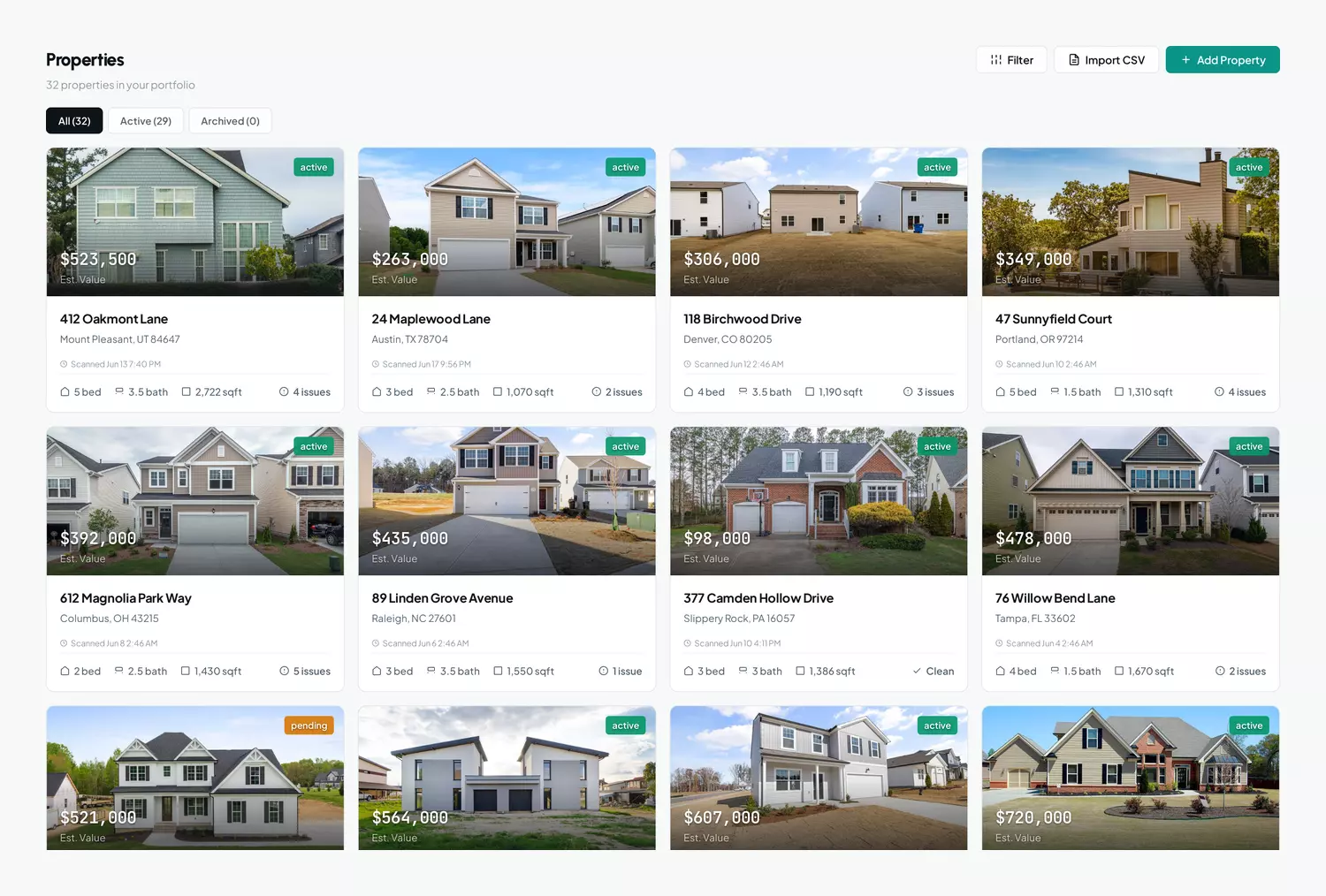 Homesly.ai portfolio view with property cards, status badges and estimated values