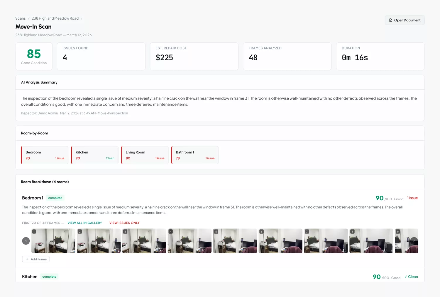 Move-in scan report with AI summary, per-room breakdown and extracted frames